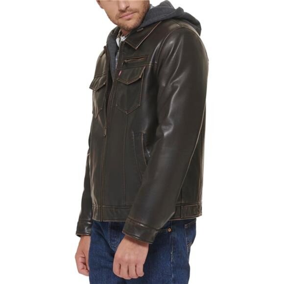 Levi's Men's Faux Leather Hooded Trucker Jacket With Sherpa Lining - Picture 7 of 16
